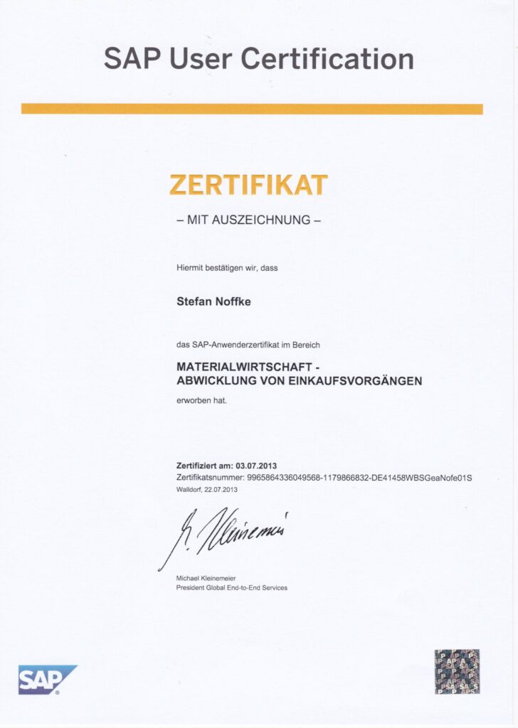 SAP Zertifikat Stefan Noffke