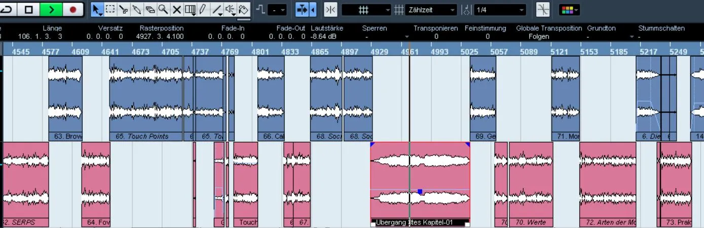 Abbildung aus einem Audioprogramm mit verschiedenen Audiospuren Hörbuch-Produktion