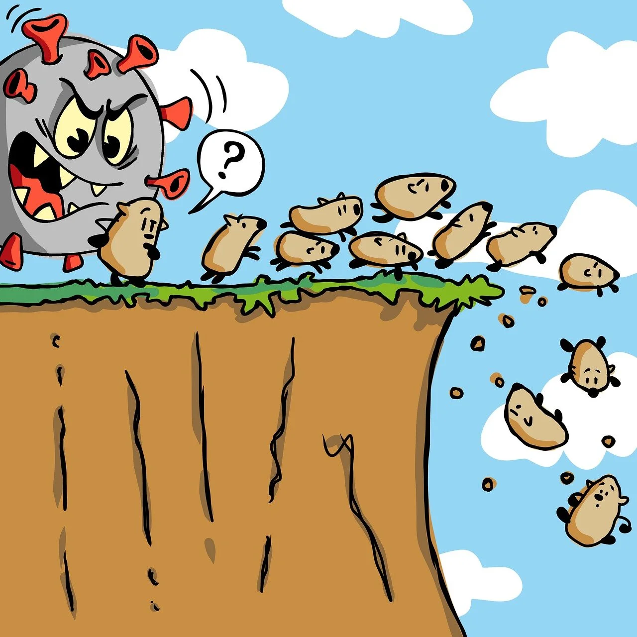 Lemminge springen nacheinander von einer Klippe als Comic zum Thema Follower und Engagement