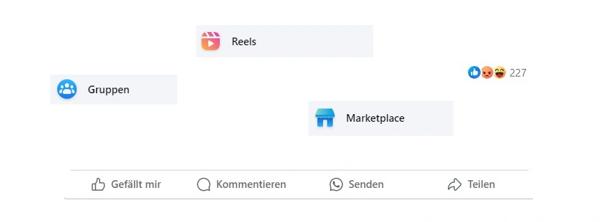 Facebook Funktionen Screenshot von Gruppen, Reels, Marketplace und Liken und Teilen