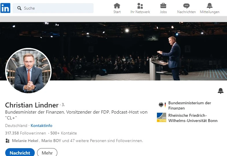 Screenshot LinedIn Christian Lindner Profil