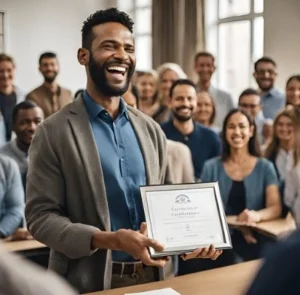 Weiterbildung im E-Commerce - Glückliche Person, welche sich über ein Zertifikat freut