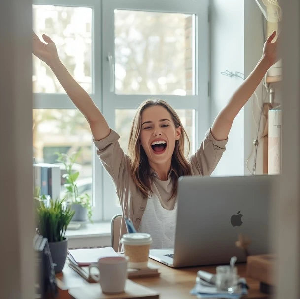 Einstieg in den Online-Handel Frau wirft Hände hoch und freut sich über Ihren Onlineshop