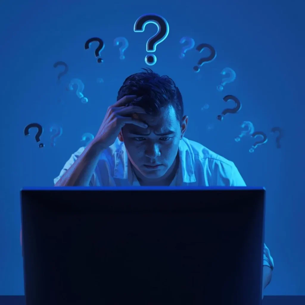 Warum viele Shops trotz guter Produkte scheitern - Mann vor PC mit vielen Fragezeichen über dem Kopf